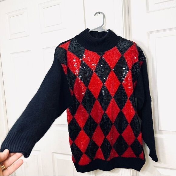Vintage 90’s Sweater Black Red Argyle Sequin Wool Angora Silk Turtle Neck Size M - Picture 10 of 15